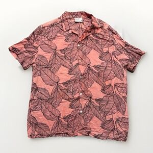 Level Ten Mens Short Sleeve Button Up Shirt M Hawaiian Tropical Floral Pink Top